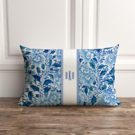 Almofada Lombar Travesseiro de Chinoiserie Azul e Branco Monograma