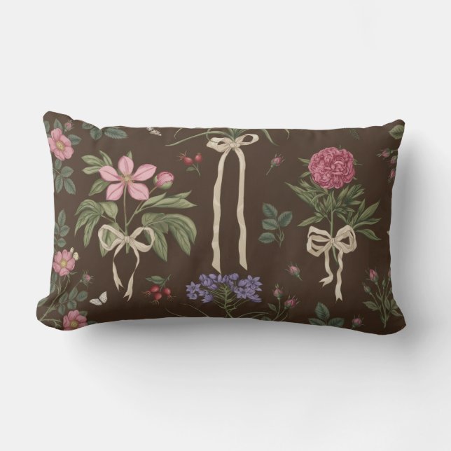 Almofada Lombar Travesseiro Decorativo Botânico Floral com Laço (Frente)