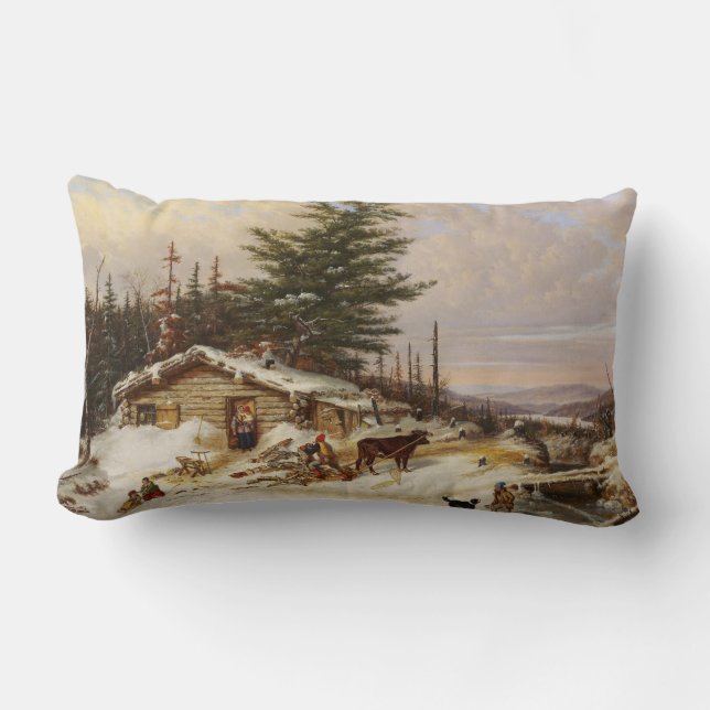 Almofada Lombar Travesseiro decorativo de arte do Winter Log House (Frente)