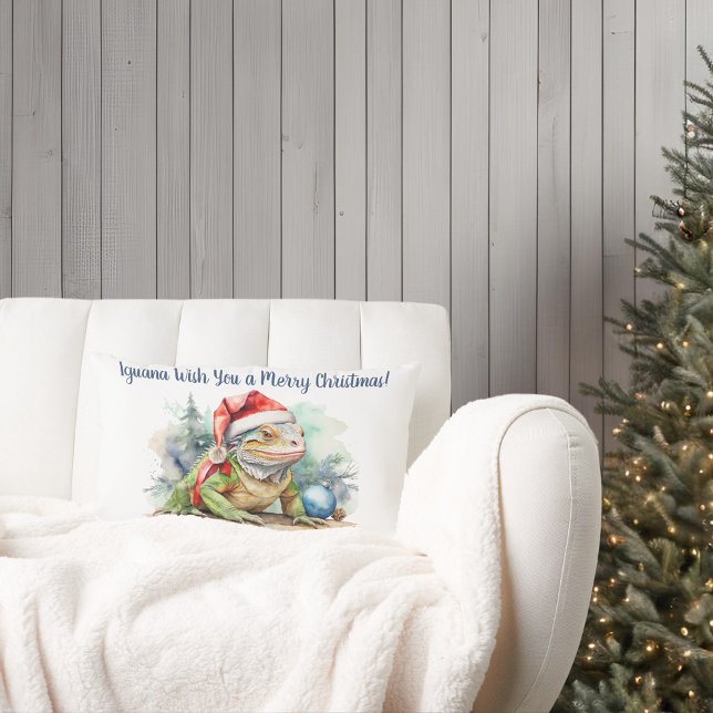 Almofada Lombar Travesseiro decorativo de Iguana Lumbar (iguana wish you a merry christmas lumbar pillow mock-up)