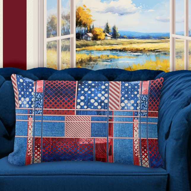 Almofada Lombar Travesseiro Padrão de Coleta de Jeans Azul (Pillow featuring a modern abstract quilt patchwork pattern design in red white and blue with jeans)