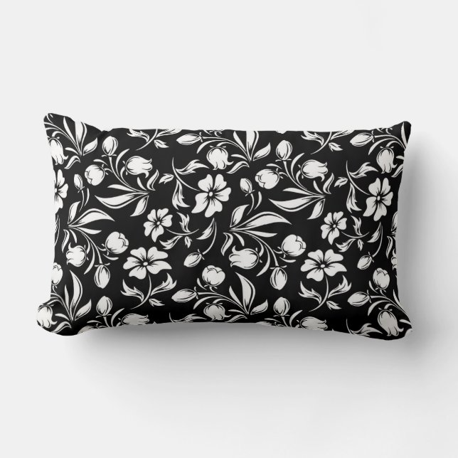 Almofada Lombar Travesseiro Preto e Branco Floral (Frente)
