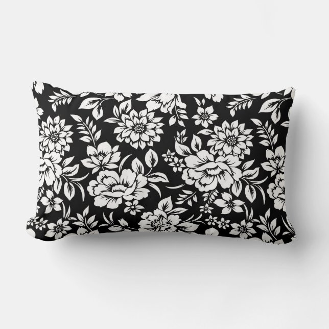 Almofada Lombar Travesseiro Preto e Branco Floral (Frente)