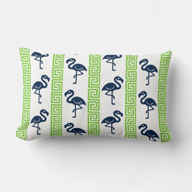 Almofada Lombar Tropical Flamingo - Greek Key Navy & Lime (Frente)