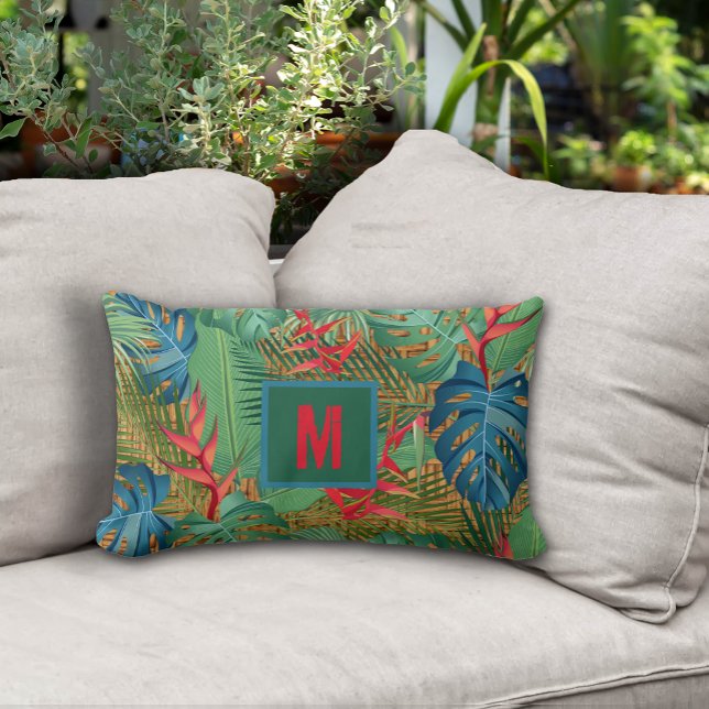 Almofada Lombar Tropical Monogramada no Wicker Impressão (Monogrammed Tropical Floral on Wicker Print Lumbar Pillow - 2 more sizes in our collection)