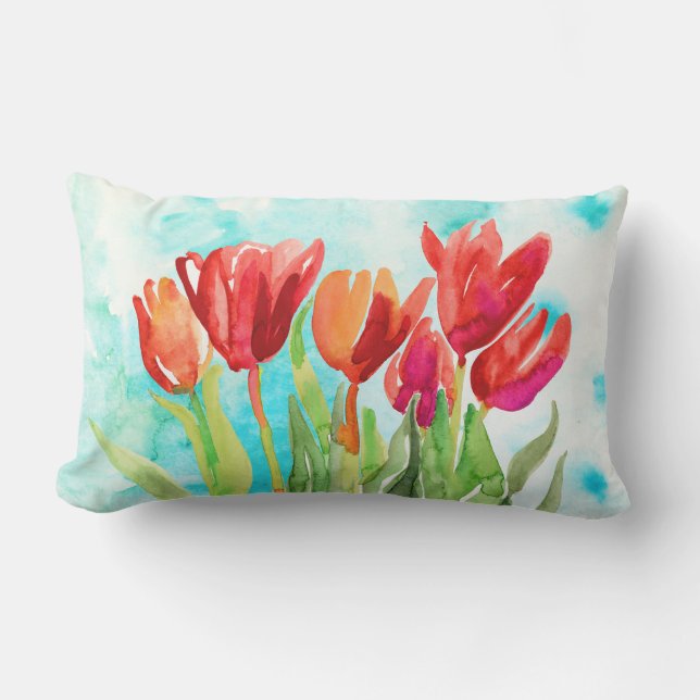 Almofada Lombar Tulipa Vermelha de Aquarela no Travesseiro decorat (Frente)