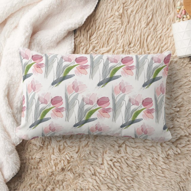 Almofada Lombar Tulipas Florais Rosa Folhas Verde Salgueiro Branco (Cobertor)