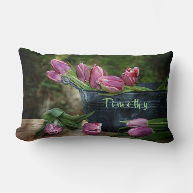 Almofada Lombar Tulipas Rosa com Nomes (Frente)