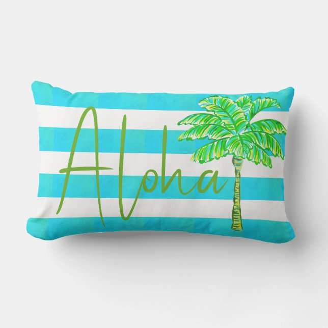 Almofada Lombar Turquesa e Árvore Palm de Stripe Branca Aloha (Frente)
