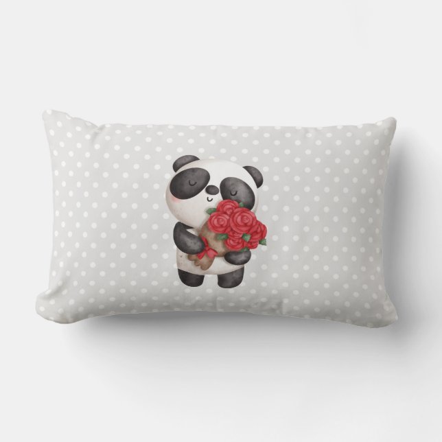 Almofada Lombar Urso Panda Fofo com Buquê de Rosas (Frente)
