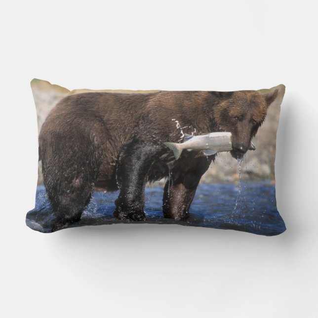 Almofada Lombar Urso pardo, urso cinzento, com captura de salmão, (Frente)