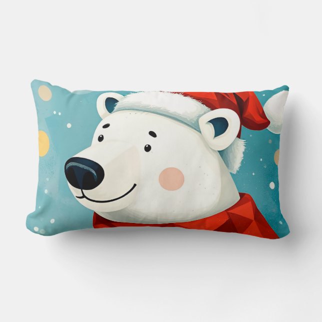 Almofada Lombar Urso Polar Fofo Vestindo Chapéu e Cachecol de Papa (Frente)