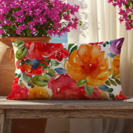 Almofada Lombar Verão Ousado Floral em Aquarela Vermelho Laranja R