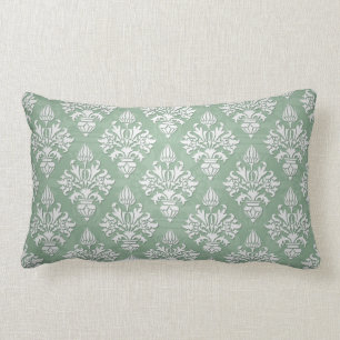 Almofada Lombar Verde Salvia e Floral Damasco Branco
