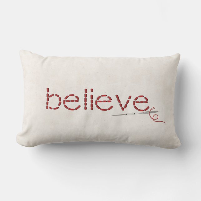 Almofada Lombar vermelho BELIEVE texto stitch com agulha (Frente)