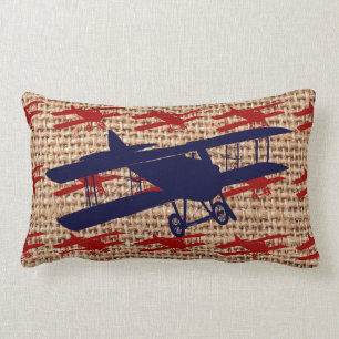 Almofada Lombar Vintage Biplane Propeller Avião em Burlap Impress