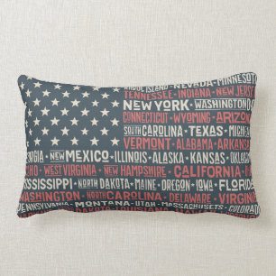 Almofada Lombar Vintage Faded American Flag State Names Words Art