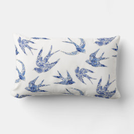 Almofada Lombar Vintage Floral Bird Swallow Blue Chinoiserie
