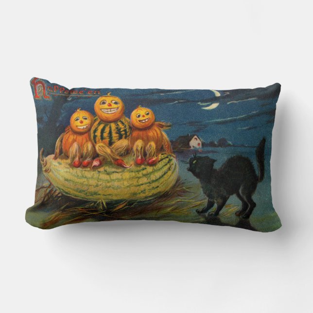 Almofada Lombar Vintage Halloween Pumpkins Black Cat (Frente)