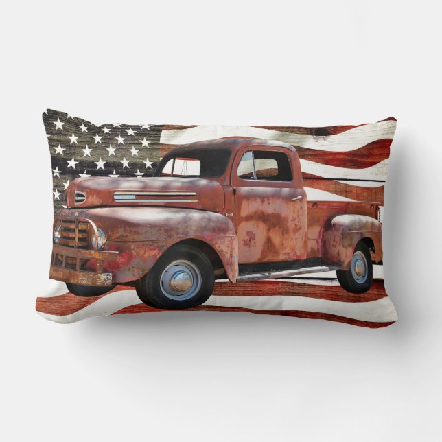 Almofada Lombar Vintage Red Truck American Flag (Frente)