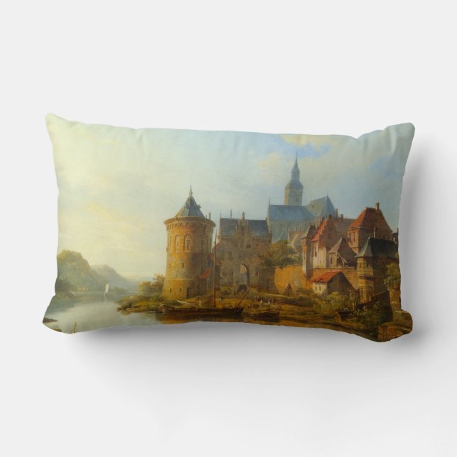 Almofada Lombar Vista de uma cidade neerlandesa ao longo do rio Re (Verso)