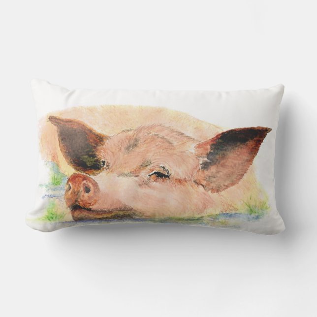 Almofada Lombar Watercolor Happy Pig Fazenda Arte animal (Frente)
