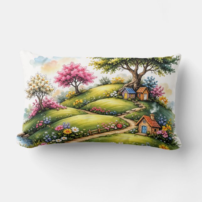 Almofada Lombar Whimsical Cottage Garden Landscape Art (Frente)