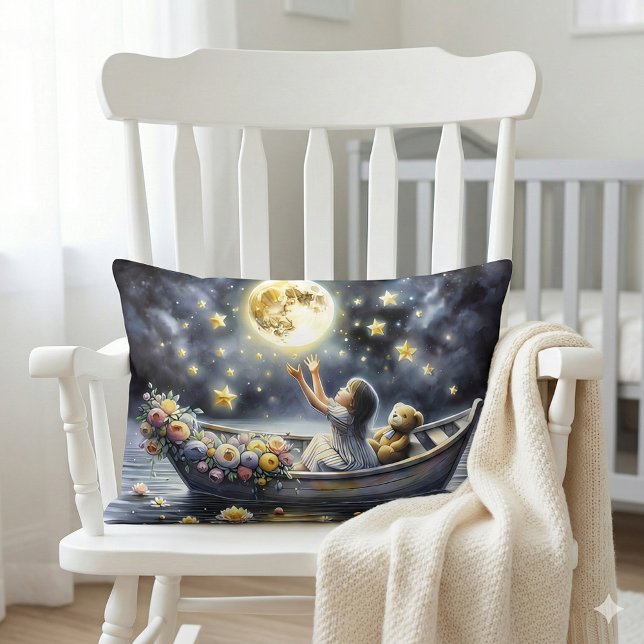 Almofada Lombar Whimsical Girl Moon Dream Fantasy Scene (Whimsical Girl Moon Dream Fantasy Scene Lumbar Pillow Mockup A.)
