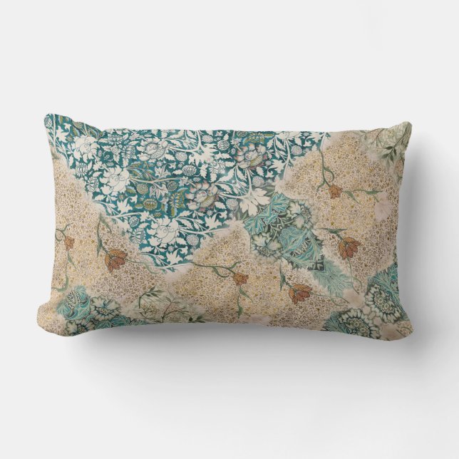 Almofada Lombar William Morris Floral Collage Greenery Teal Peach (Frente)