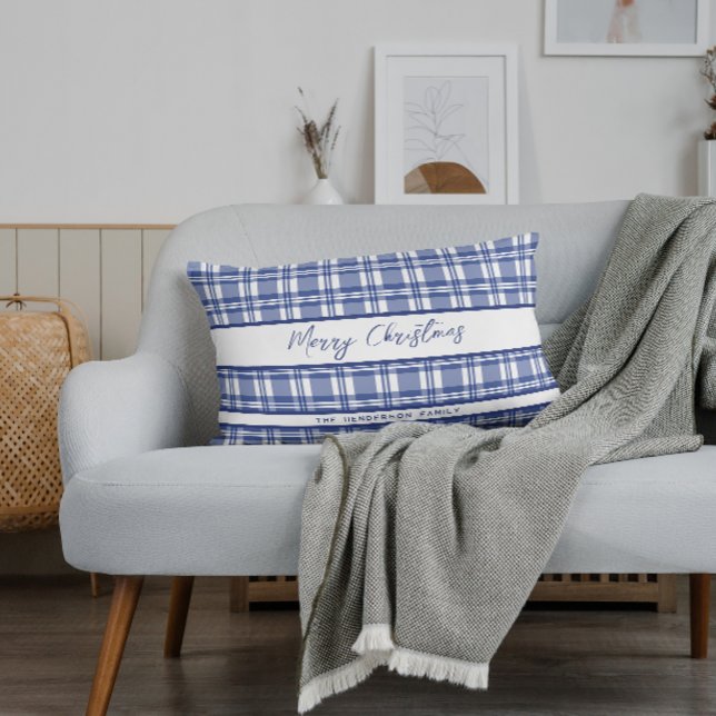 Almofada Lombar Xadrez Azul Feliz Natal (Criador carregado)