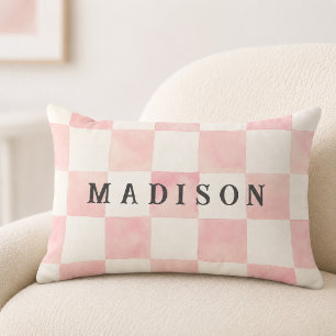 Almofada Lombar Xadrez de Aquarela Rosa Nome Personalizado