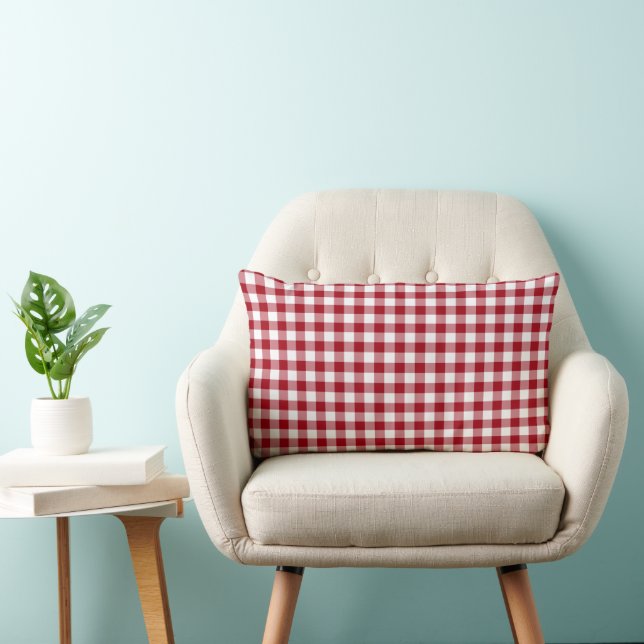 Almofada Lombar Xadrez de Gingham Vermelho e Branco Rústico (Cadeira)