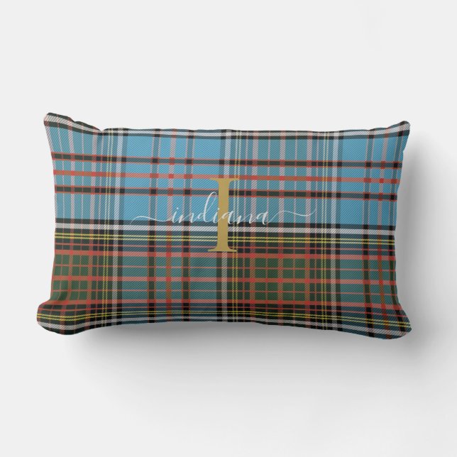 Almofada Lombar Xadrez Tartan Monograma Script Clã Anderson Rústic (Frente)