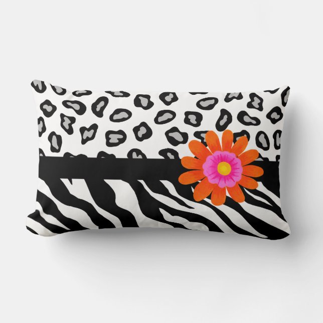 Almofada Lombar Zebra Preta e Branca e Pele Chita e Flor Laranja (Frente)