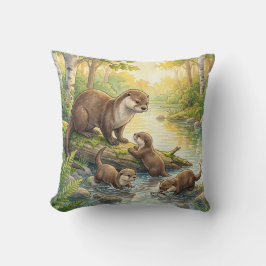 Almofada Lontra Fofa e Bebês Animais do Rio e do Lago 