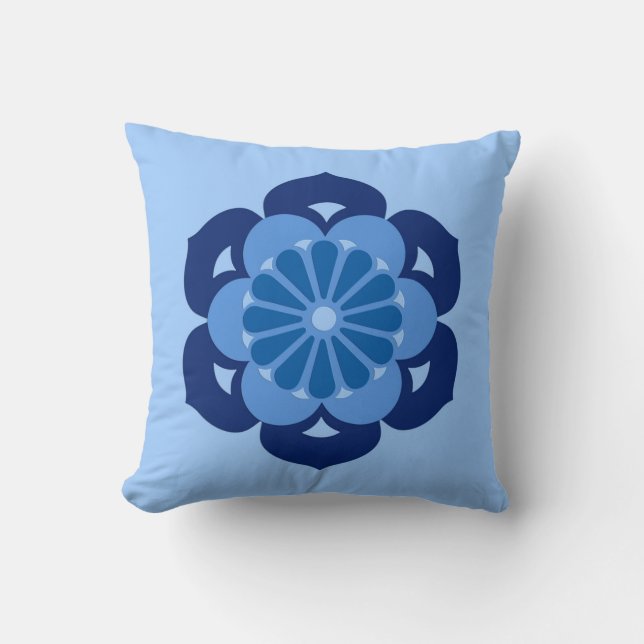 Almofada Lotus Flower Mandala, Indigo e Azul Claro (Frente)