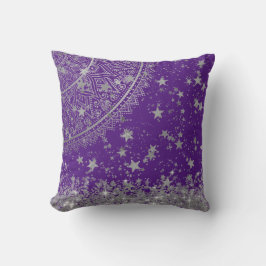 Almofada Lotus Mandala prateada com estrelas prateadas em r