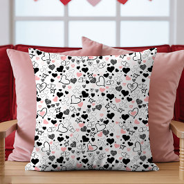 Almofada Love Gift Pillow Pink and Black Hand Drawn Hearts