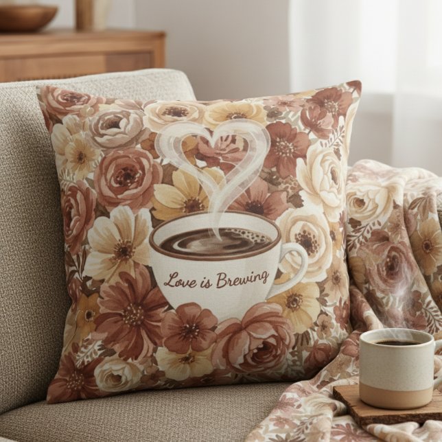 Almofada Love is Brewing Floral Coffee Heart Bridal Shower (Love is Brewing Floral Coffee Heart Bridal Shower Throw Pillow
)