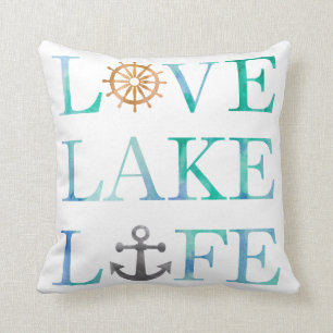 Almofada Love Lake Life Watercolor Tipografia Náutica