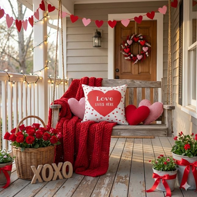 Almofada Love Lives Here Dia de os namorados (Love Valentine's Day porch pillow.)