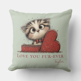 Almofada Love You Fur-Ever Cute Cat Sage Green Throw Pillow