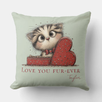 Almofada Love You Fur-Ever Cute Cat Sage Green Throw Pillow