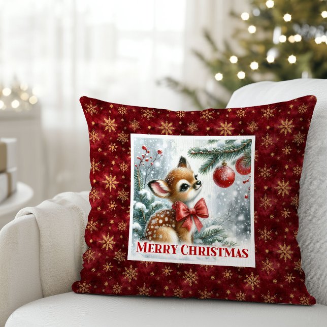 Almofada Lovely baby fawn festive winter scene Christmas  (Lovely baby fawn festive winter scene Christmas pillow)