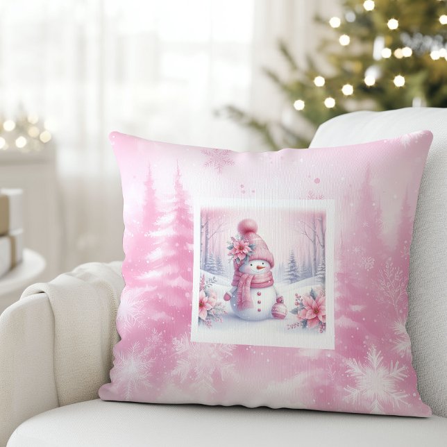 Almofada Lovely Pink Snowman Christmas Scene Kids Pillow (Lovely Pink Snowman Christmas Scene Kids Pillow)
