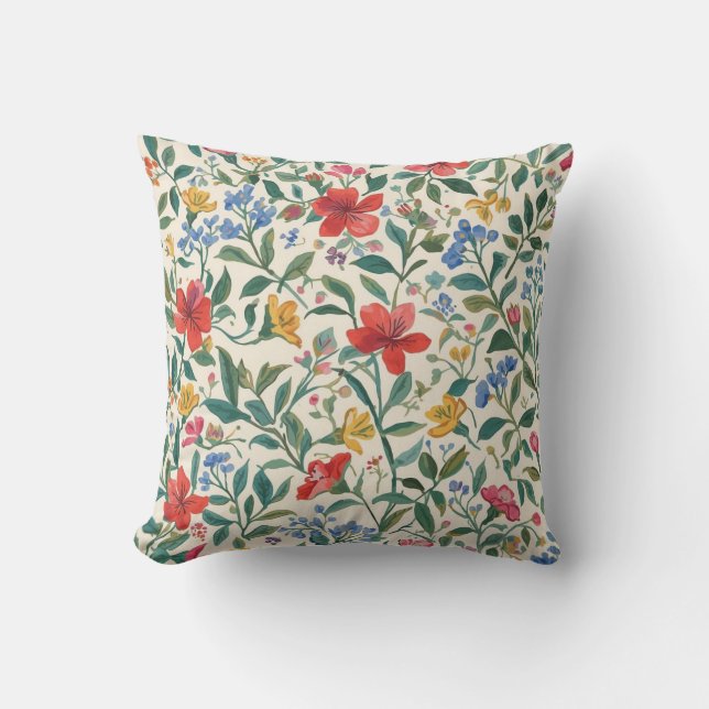 Almofada Lovely, Red Yellow Blue Flowers and Leaves Pattern (Frente)