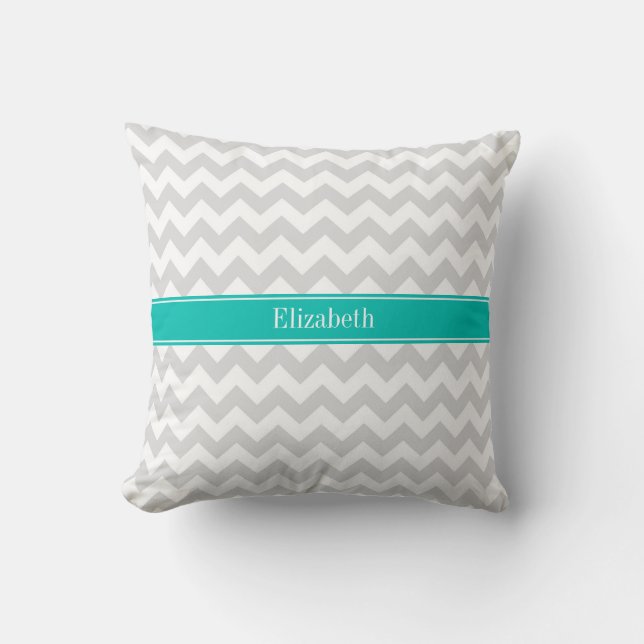Almofada Lt Gray White Chevron Teal Nome Monograma (Frente)