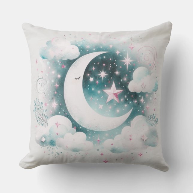 Almofada Lua Crescente Azul e Branco Boho Moderno Celestial (Frente)