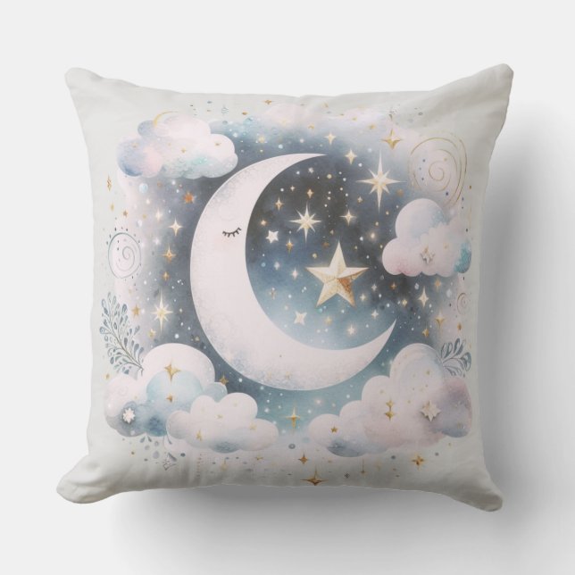 Almofada Lua Crescente Azul e Branco Celestial Boho Moderno (Frente)
