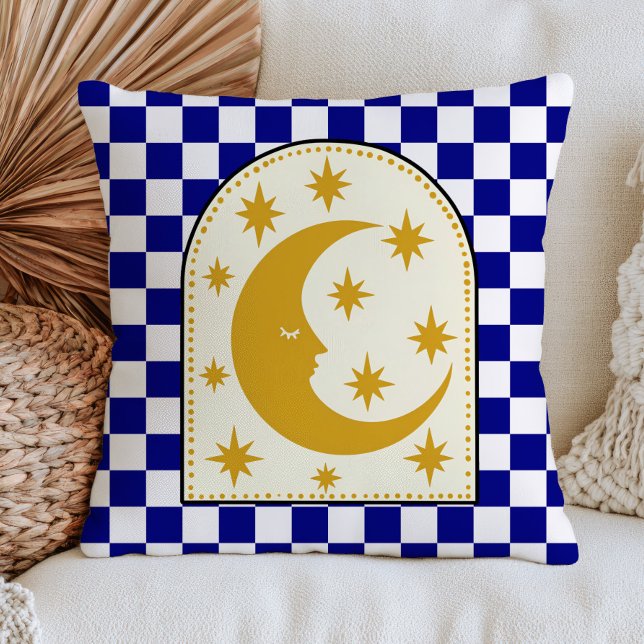 Almofada Lua Crescente Boêmia Amarela Xadrez Azul  (Criador carregado)